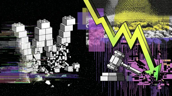 Falling chart arrow crashing into blocks with a judge’s gavel, symbolizing WLFI token collapse and defamation lawsuit against Justin Sun.