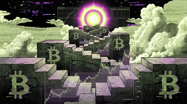 Illustration of Bitcoin climbing stone steps toward a bright horizon with price charts, representing 21Shares’ $100,000 post-halving outlook.