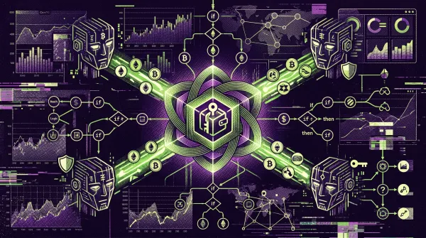 Illustration of AI agents connected to a central crypto wallet with blockchain pathways, charts, and automated transaction flows representing agentic finance.