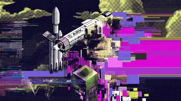 Illustration of a rocket and ARK Invest branding accelerating through a digital landscape, representing ARK’s $500M SpaceX investment and market impact.