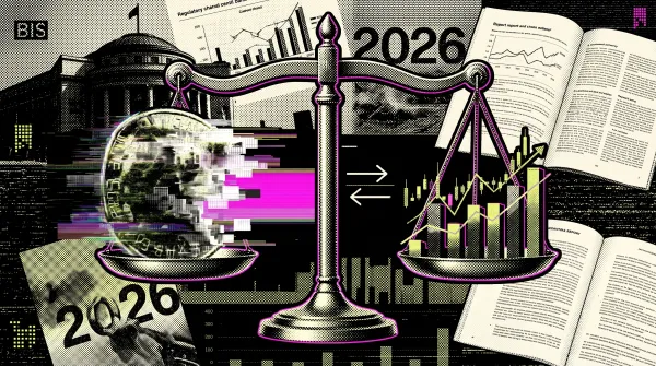 Illustration of balanced scales weighing a stablecoin against financial charts, with BIS reports and a central bank backdrop representing the 2026 stablecoin analysis.