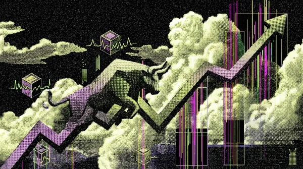 Illustration of a charging bull climbing an upward market chart through clouds, representing Bitwise’s outlook for a slower and less volatile crypto bull cycle.