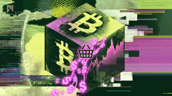 Illustration of a Bitcoin block with rising income and market visuals, representing BlackRock’s Bitcoin income ETF and covered call strategy.