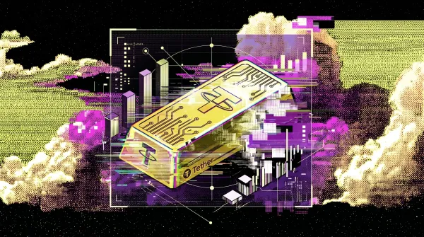 Illustration of a Tether Gold bar surrounded by market charts and trading visuals, representing Bybit’s launch of XAUT options with institutional liquidity.
