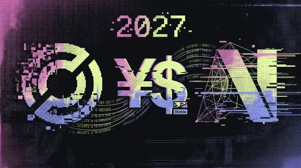 Illustration of digital currency symbols, FX icons and network rails representing Circle and Nomura’s stablecoin settlement plans in Japan by 2027.