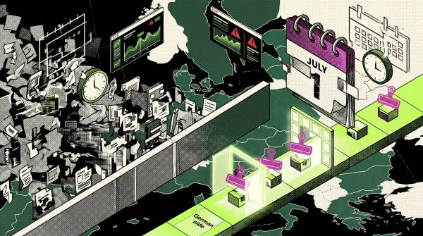 Illustration of Germany passing through a MiCA licensing checkpoint while delayed crypto firms and documents pile up before a July 1 deadline.