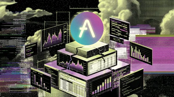 Illustration of the Aave logo elevated on a platform surrounded by financial charts, valuation models, representing Grayscale applying traditional finance analysis to DeFi valuation.