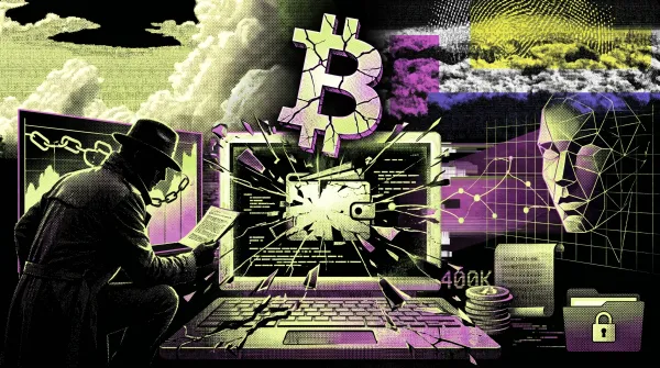 Illustration of an investigator and AI interface uncovering a lost Bitcoin wallet, with a broken laptop, recovered BTC, and security-themed visuals.