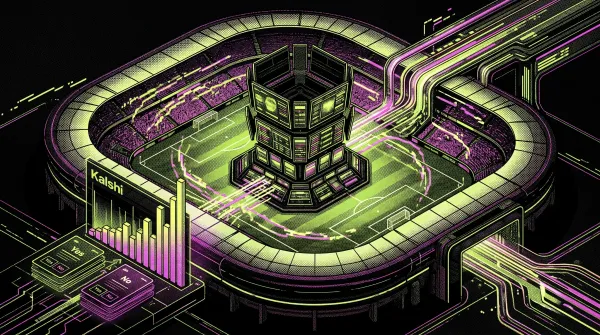 Illustration of a football stadium transformed into a prediction market hub, with Kalshi trading panels, yes/no contracts, and rising volume charts.
