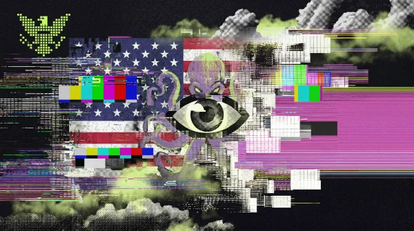 Illustration of US market imagery and trading symbols with surveillance visuals, representing Kraken’s launch of regulated perpetual futures for US traders.