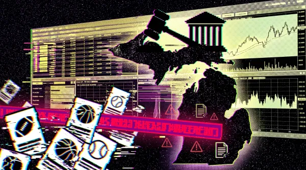 Illustration showing Michigan beneath a judge’s gavel, with blocked sports market slips, warning icons, and trading charts.