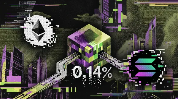 Illustration of Ethereum and Solana symbols linked to a central structure with a 0.14% fee figure, representing low-cost crypto ETFs.