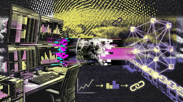 Illustration of trading terminals sending market data through a digital pipeline into a blockchain oracle network.