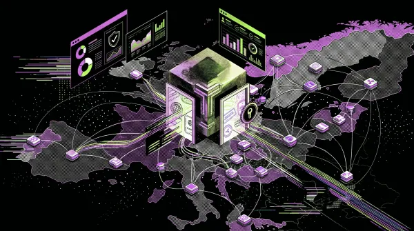 Illustration of a central digital gateway in Luxembourg connecting Ripple’s regulated crypto network across Europe under MiCA rules.