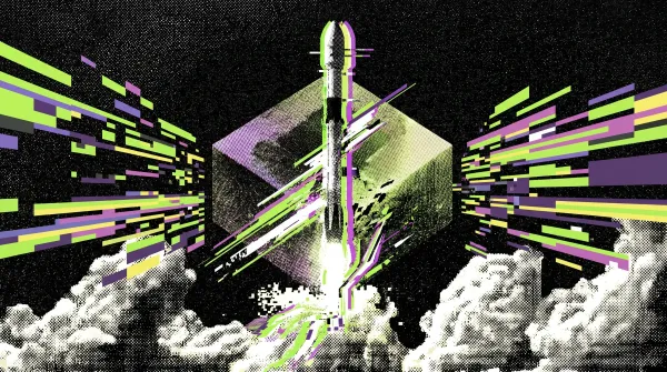 Illustration of a rocket launching from a digital platform, representing SpaceX’s IPO debut and surge in valuation.