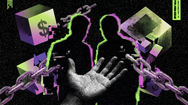Illustration of two figures in chains with money and fragmented blocks, representing an $8 million crypto robbery and kidnapping case.
