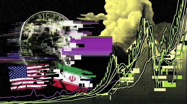 Illustration of a Bitcoin symbol beside US and Iran flags with rising market charts, representing Bitcoin’s muted reaction to the US–Iran peace deal.