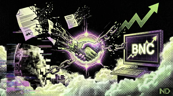 Illustration of two sides settling a proxy dispute through a handshake as broken chains reconnect and a rising BNC stock chart appears in the background.