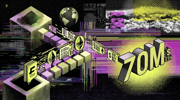 Illustration showing Ethereum assets moving through a blockchain bridge toward a large "70M ETH" graphic, representing Robinhood's first week of Layer 2 activity