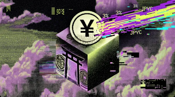 Illustration of a yen coin above a digital vault with JPYC tokens streaming outward, representing Japan's first yen stablecoin lending service with a 3% yield.
