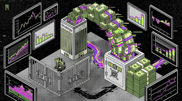 Illustration of Strategy moving cash into reserves while a locked Bitcoin vault symbolizes no new BTC purchases.