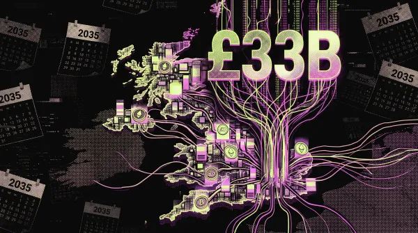 Stylised map of the UK connected by digital networks beneath a large “£33B” and 2035 calendars, symbolising the UK's tokenized finance ambitions.